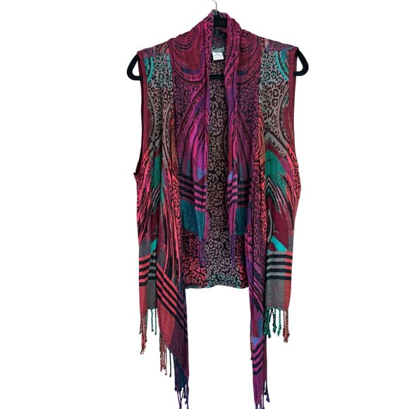 Anu Bohemian Sleeveless Open Front Vest Art-to-Wear Fringe Hem Vibrant Print - Picture 7 of 10